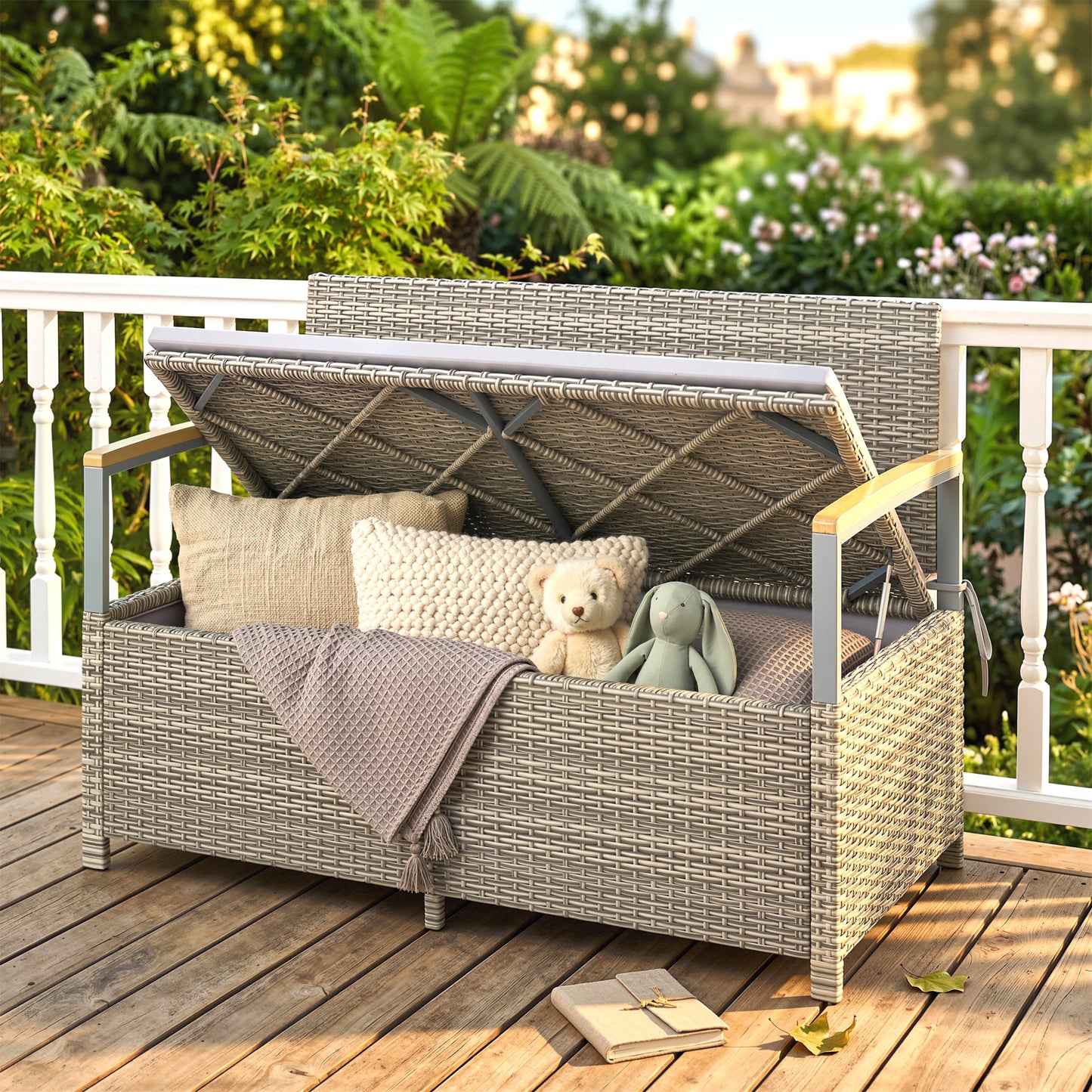 2-Seater Rattan Garden Storage Bench | 144L Hidden Storage | Gas Strut Lid | Zipped Liner | Acacia Wood Armrests | Washable Cushion | 300kg Capacity | 120 x 60 x 84cm | Light Grey