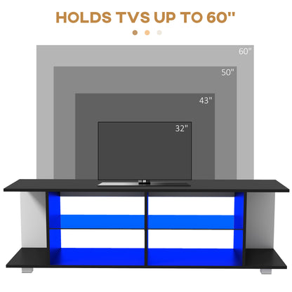 TV Stand, 145cm Modern TV Unit with Glass Shelves, RGB LED Light for 32 40 43 50 52 55 60 inch 4k TV, Black