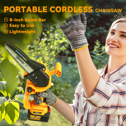8 Inch Electric Chainsaw, Cordless Chain Saw with Brushless Motor, 2 x 4.0Ah Batteries and Safety Lock, Handheld Portable Wood Pruning Saw