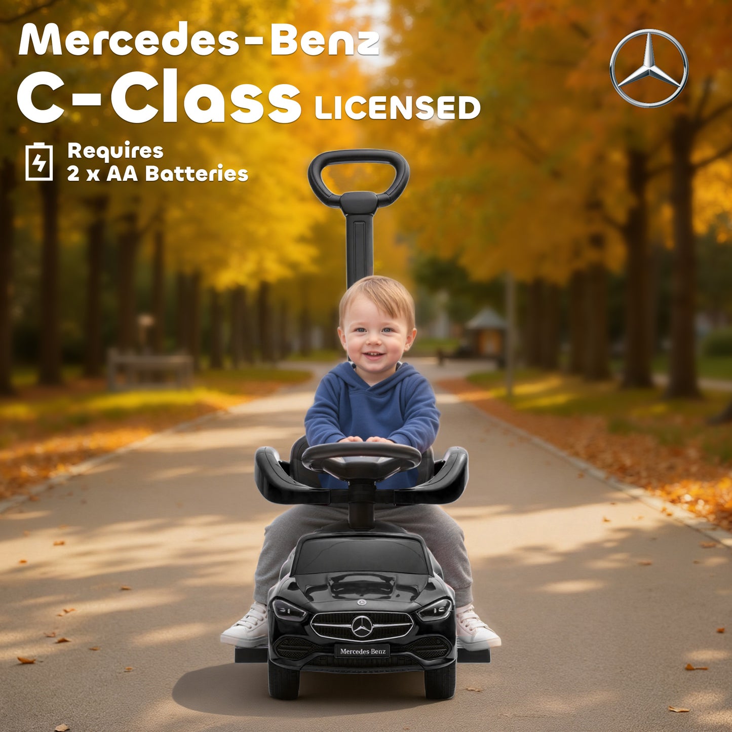 Baby 2-in-1 Ride-On Push Car | Licensed Mercedes-Benz C-Class | Walker Foot to Floor | Removable Handle | Under-Seat Storage | Ages 12-36 Months | Black