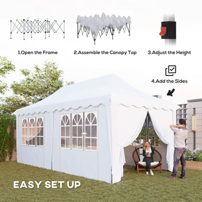 Outsunny 3 x 6m Pop Up Gazebo with Sides, UPF50+ Height Adjustable Party Tent Instant Event Shelter with Carry Bag and Sand Bags for Garden, Patio, White