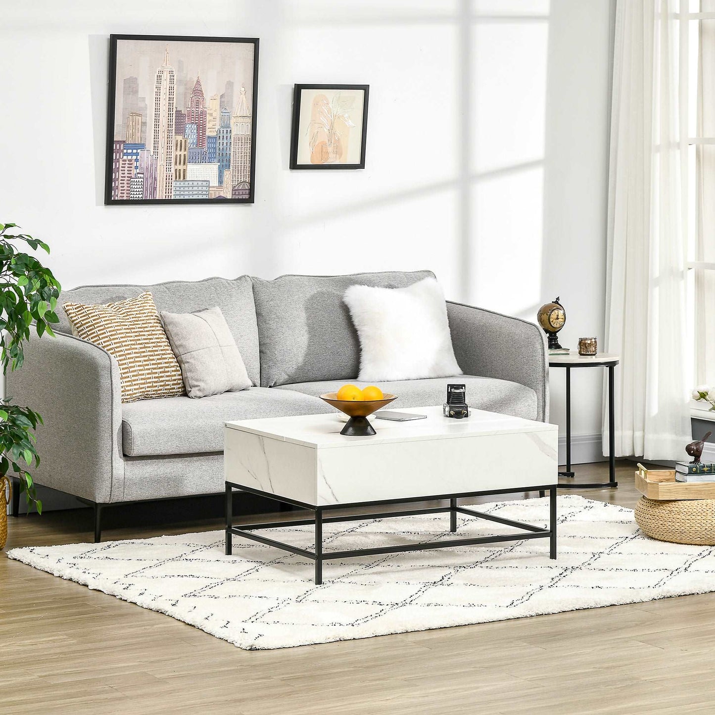 Modern Lifting Coffee Table with Hidden Compartment, Storage Coffee Table for Living Room, Faux Marble White