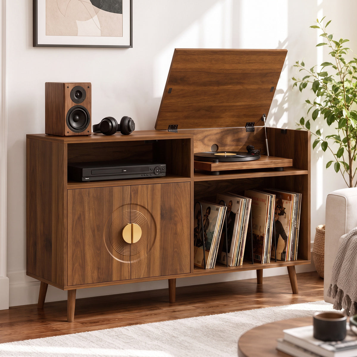 Record Player Stand with Vinyl Storage for 300 Albums | 5 Record Slots | Flip-Top Compartment | Double-Door Cabinet | Cable Hole | Pine Legs | Melamine Finish | 120x40x76cm | Walnut Brown or Black