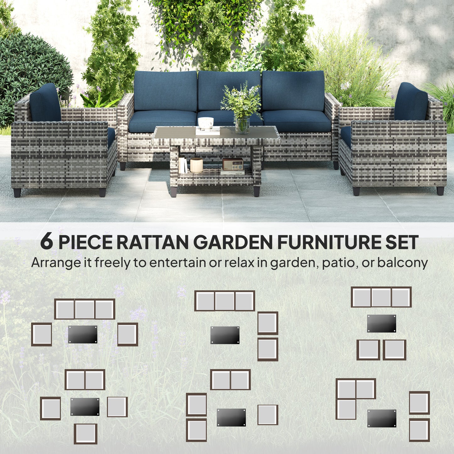 6 Pieces Rattan Garden Furniture Set, 5 Seater Wicker Outdoor Furniture Set with 2 Armchairs, Steel Frame Coffee Table and Cushions / Navy Blue