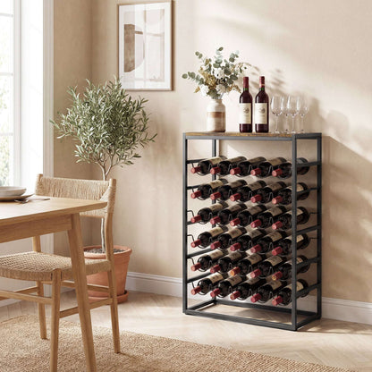 Freestanding Wine Rack | 6-Tier | 30 Bottles | Wood Effect Tabletop | Wave Slots | Anti-Tip | 59x30x88.5cm | Rustic Brown
