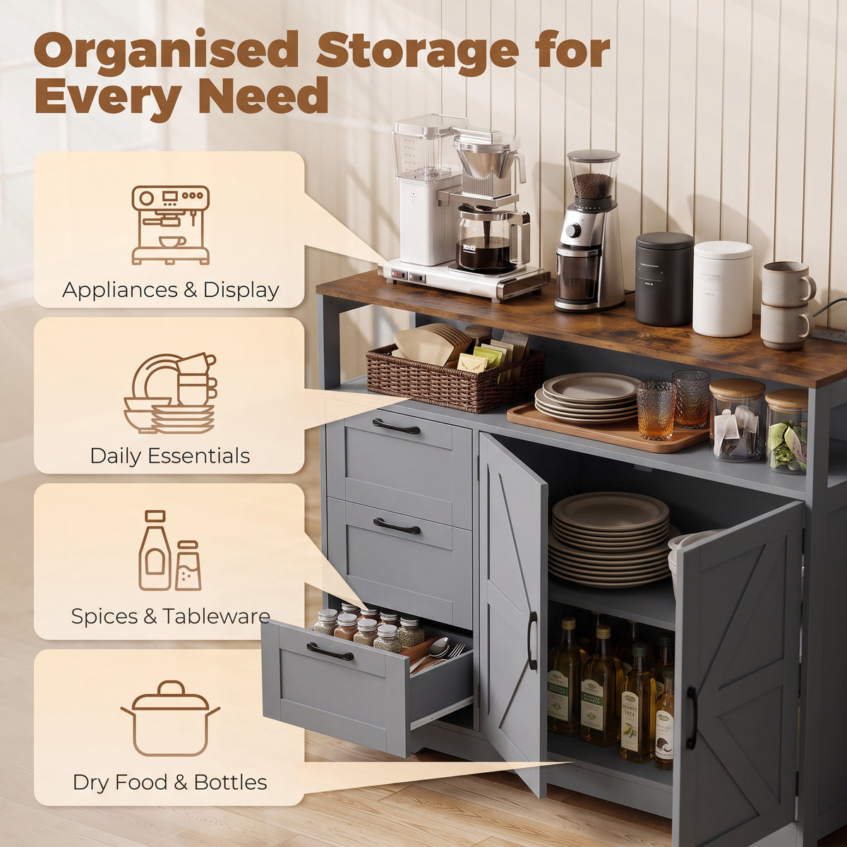 Farmhouse Sideboard with Built-In Charging Station | 2 AC Outlets USB USB-C | 3 Drawers | Adjustable Cabinet Shelf | Open Shelf | 120x35x95cm | 55kg | Melamine | TV Stand to 42in | Grey