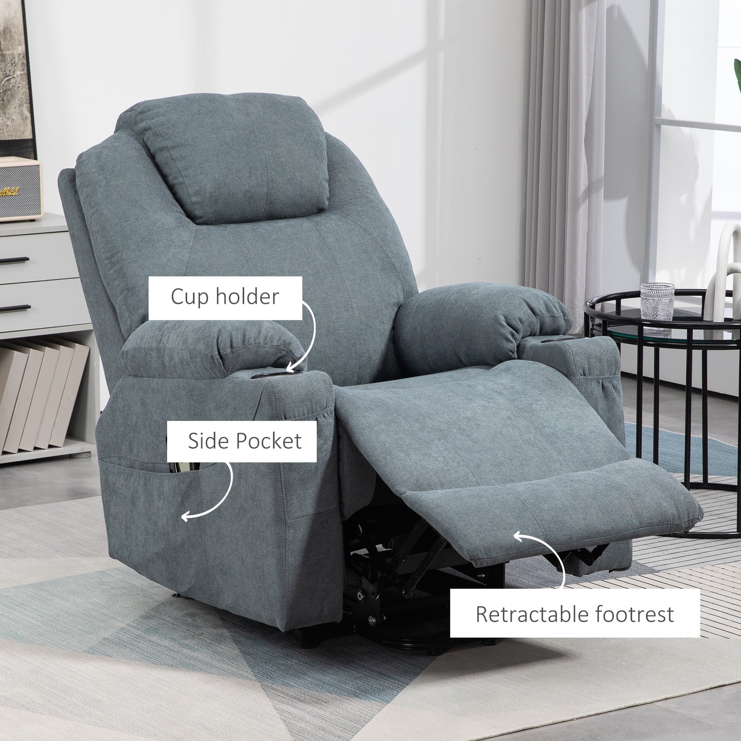 Lift Chair, Quick Assembly, Riser and Recliner Chair with Vibration Massage, Heat, Cup Holders, Charcoal Grey