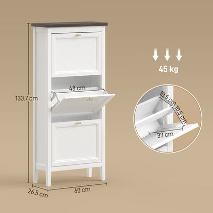 Farmhouse Narrow Shoe Cabinet | 3 Flip Drawers | Adjustable Shelves | 12-18 Pairs | Slim 26.5cm Depth | Max UK 9.5 | Anti-Tipping | MDF | 60x26.5x133.7cm | White