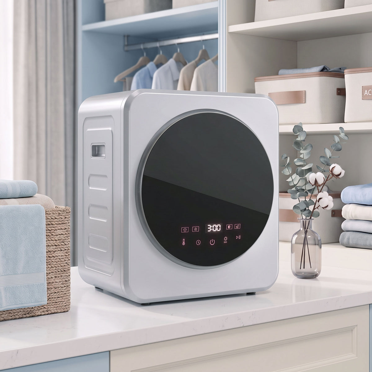 Compact Vented Tumble Dryer | Silver | 48x44x57cm | 800W | 4kg Wet 2.5kg Dry | 60°C Sterilise | Reverse Tumble | Touchscreen | Freestanding Stackable Wall-Mount | IPX4 | Auto-Stop
