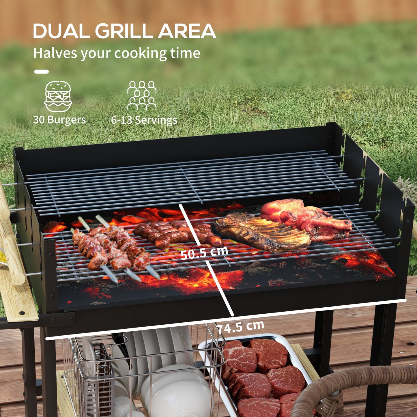 Charcoal BBQ Grill, Barbecue Trolley with Double Adjustable Grill, Side Table, Storage Shelf and Wheels for Outdoor Garden Party Cooking