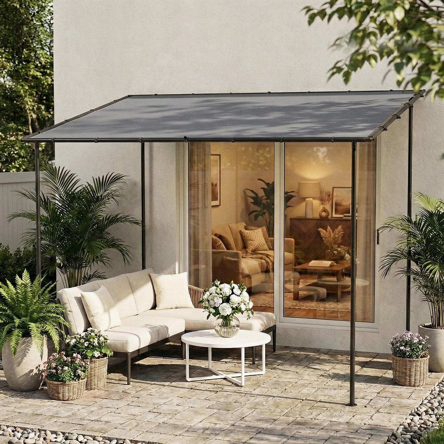 3x1.8m Lean-To Garden Pergola | UPF30+ Canopy | Sloped Roof & Drainage | Metal Frame | Grey