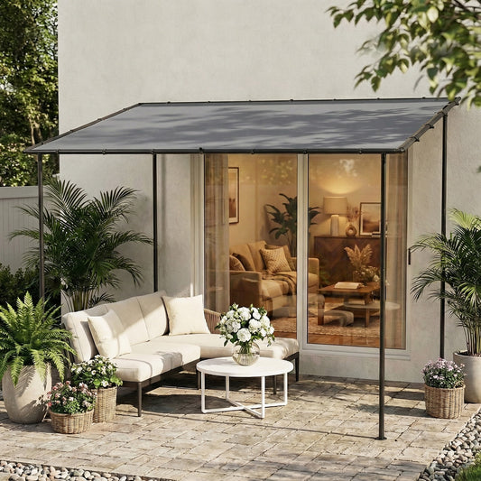 3x1.8m Lean-To Garden Pergola | UPF30+ Canopy | Sloped Roof & Drainage | Metal Frame | Grey
