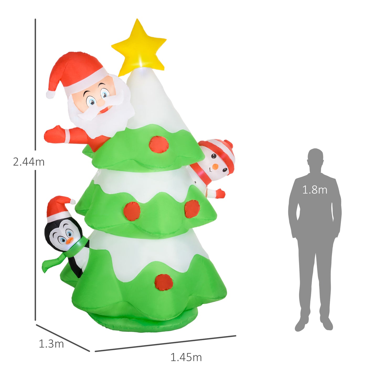 Outsunny 8FT Inflatable Christmas Tree with Santa Claus, Snowman and Penguin Behind, Blow Up Outdoor LED Display for Garden Party