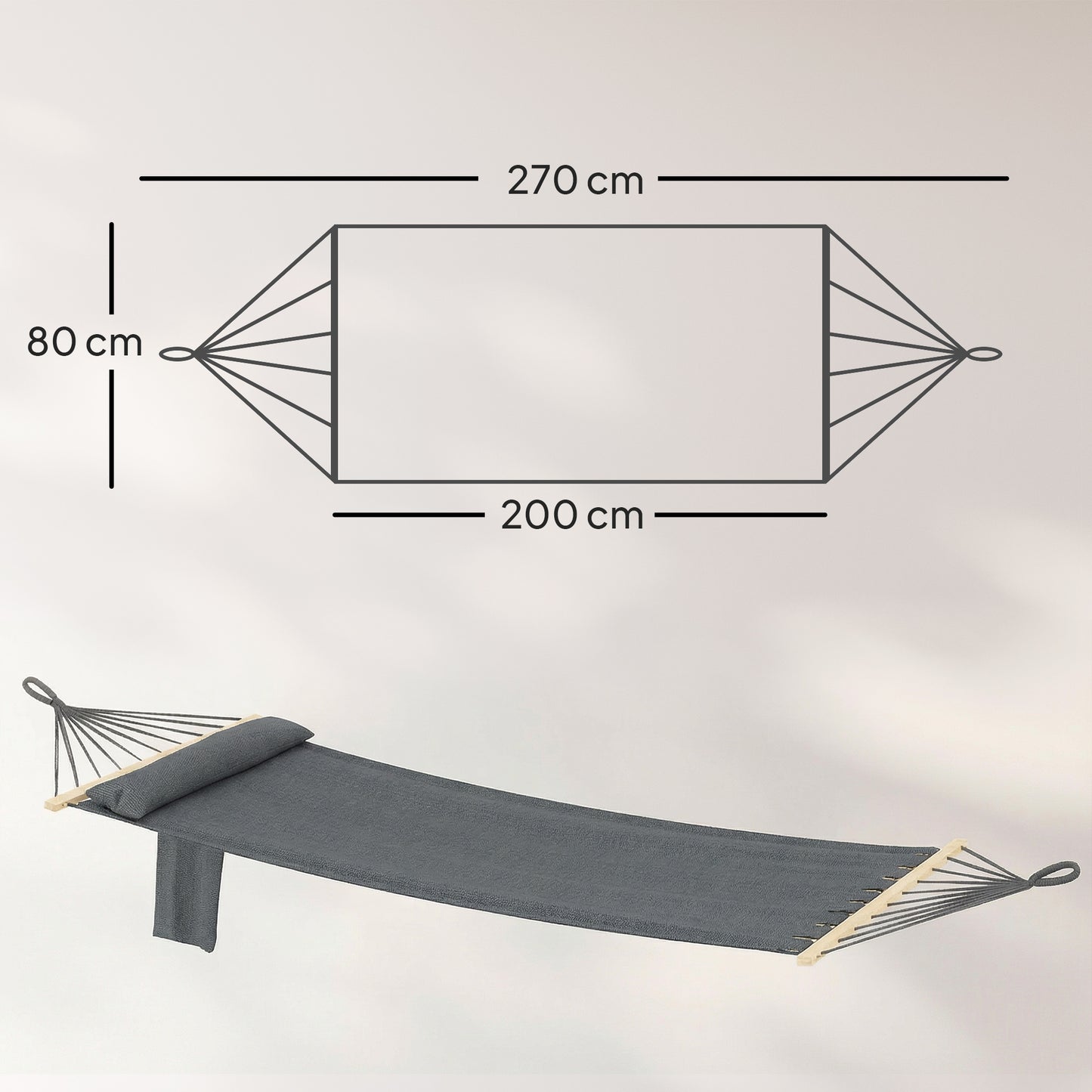 Cotton Hammock | 270x80cm | Headrest | Side Pocket | Hardwood Spreader Bar | Hanging Straps | Portable & Foldable | 120kg | Dark Grey