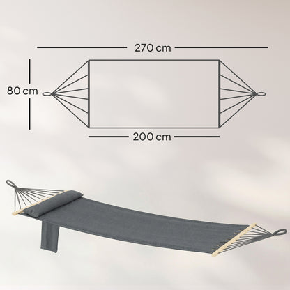Cotton Hammock | 270x80cm | Headrest | Side Pocket | Hardwood Spreader Bar | Hanging Straps | Portable & Foldable | 120kg | Dark Grey