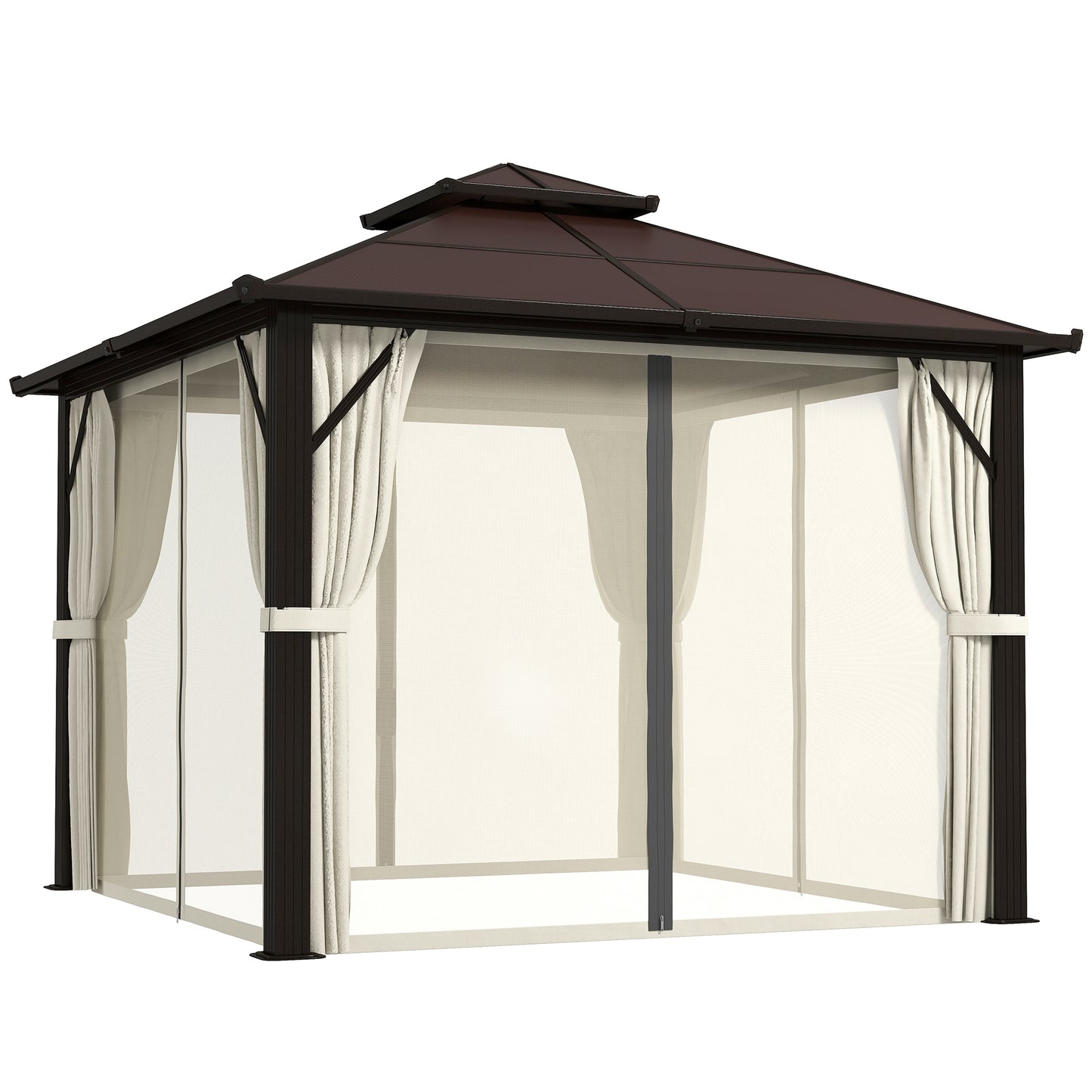 Outsunny 3 x 3(m) Hardtop Gazebo with Double Polycarbonate Roof, Garden Gazebo Permanent Pavilion with Mosquito Netting and Curtains for Patio, Deck, Beige