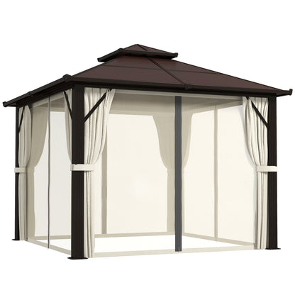 Outsunny 3 x 3(m) Hardtop Gazebo with Double Polycarbonate Roof, Garden Gazebo Permanent Pavilion with Mosquito Netting and Curtains for Patio, Deck, Beige