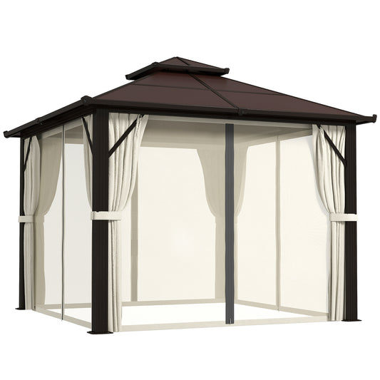 Outsunny 3 x 3(m) Hardtop Gazebo with Double Polycarbonate Roof, Garden Gazebo Permanent Pavilion with Mosquito Netting and Curtains for Patio, Deck, Beige