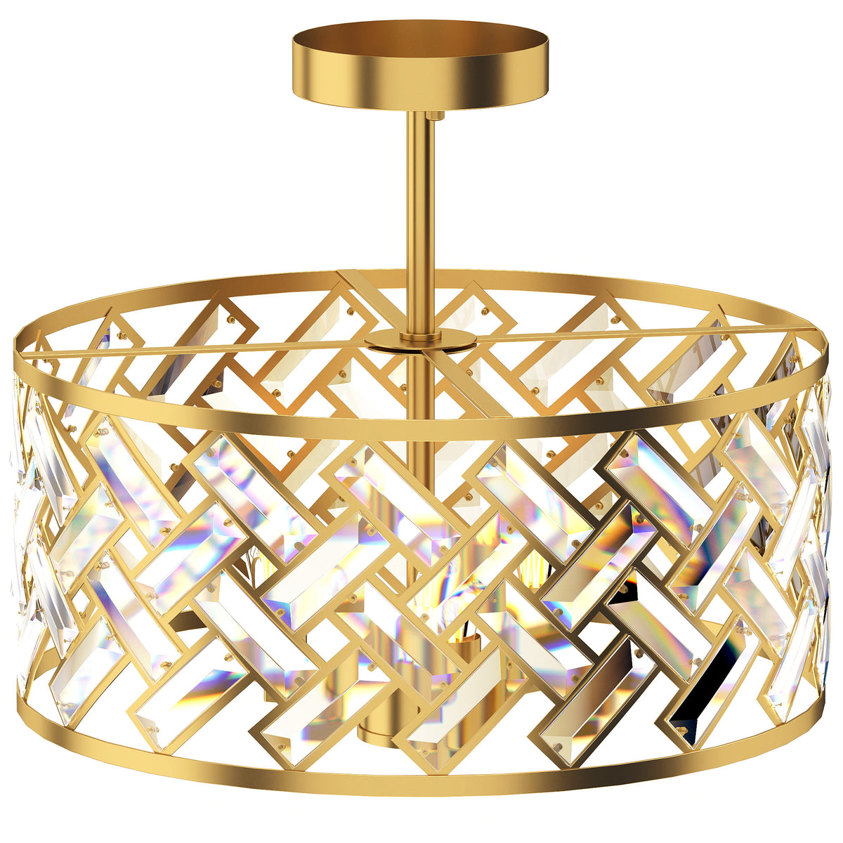 3-Light Crystal Drum Ceiling Light | 76 Crystal Prisms | 3x E14 Sockets | Electroplated Gold-Tone Frame | 39Dx34H cm | Max 40W per Bulb | LED Compatible | Ceiling >2.3m | Bulbs Not Included | Gold Tone