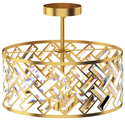 3-Light Crystal Drum Ceiling Light | 76 Crystal Prisms | 3x E14 Sockets | Electroplated Gold-Tone Frame | 39Dx34H cm | Max 40W per Bulb | LED Compatible | Ceiling >2.3m | Bulbs Not Included | Gold Tone