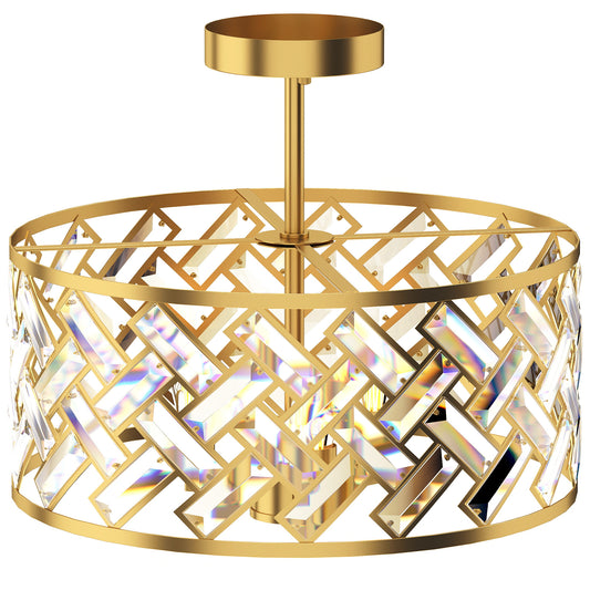 3-Light Crystal Drum Ceiling Light | 76 Crystal Prisms | 3x E14 Sockets | Electroplated Gold-Tone Frame | 39Dx34H cm | Max 40W per Bulb | LED Compatible | Ceiling >2.3m | Bulbs Not Included | Gold Tone