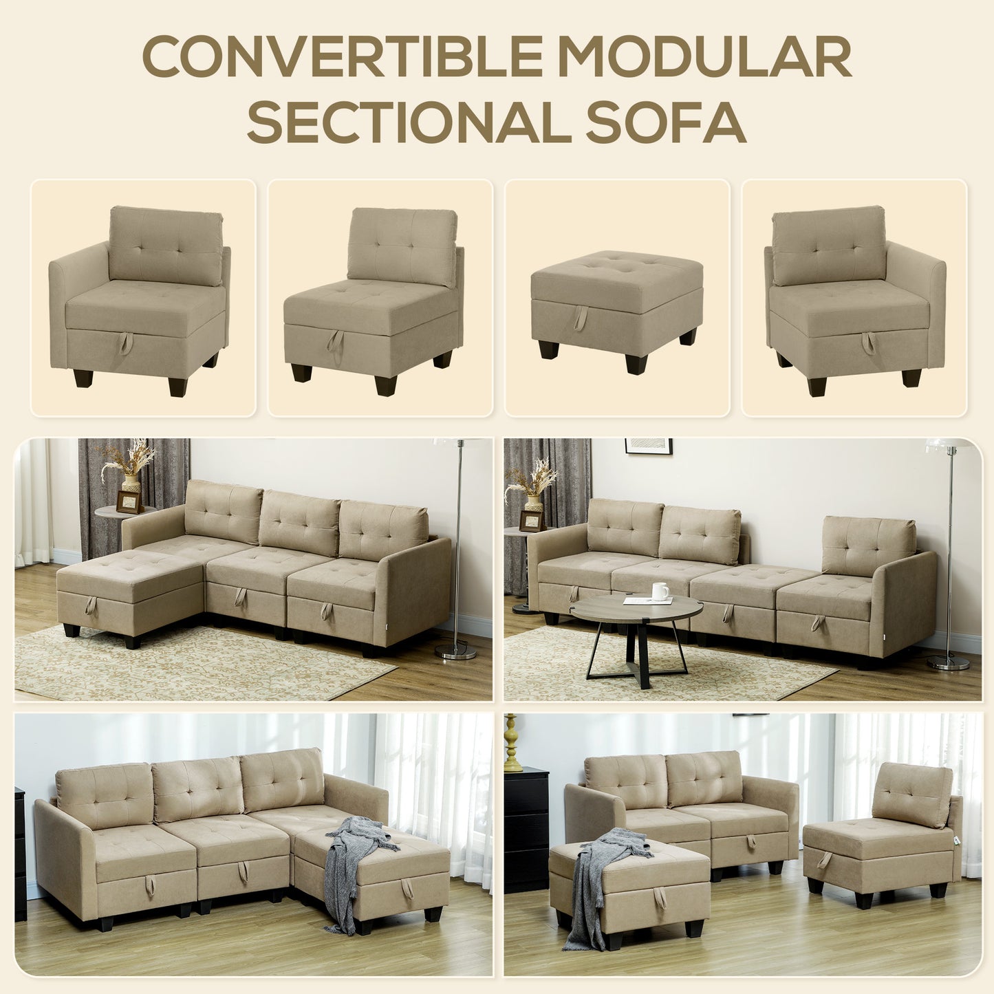 Convertible Modular Sectional Sofa with Storage, 3 Seater Sofa Set, L Shaped Sofa Couch with Ottoman, Wood Frame for Living Room, Light Brown