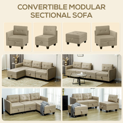 Convertible Modular Sectional Sofa with Storage, 3 Seater Sofa Set, L Shaped Sofa Couch with Ottoman, Wood Frame for Living Room, Light Brown
