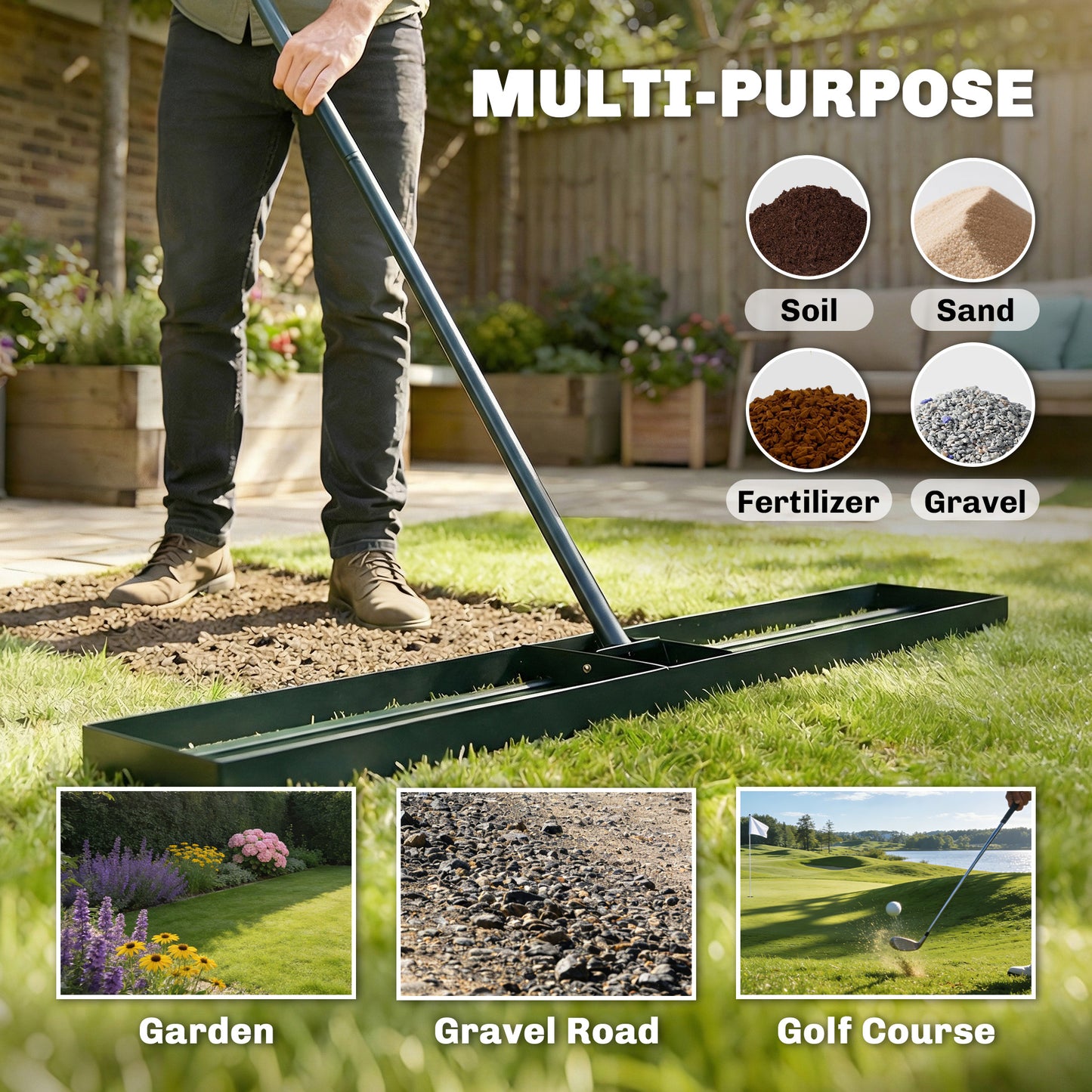 113cm Lawn Levelling Rake / Lawn Lute | 3-Section Handle 169cm | Rust-Resistant Metal | Green