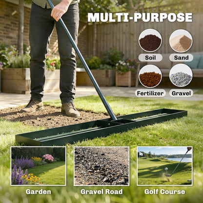 113cm Lawn Levelling Rake / Lawn Lute | 3-Section Handle 169cm | Rust-Resistant Metal | Green