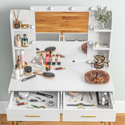 Dressing Table with Lighted Mirror, Cushioned Stool, Drawers, Shelves, Makeup Vanity Desk Set, Modern Dresser Vanity Table for Bedroom, White