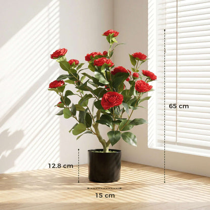 Artificial Camellia Flower Plant | 65cm | 116 PEVA Leaves | Red Silk Blossoms | Moss Effect | Cement Pot | Shapeable | No Maintenance