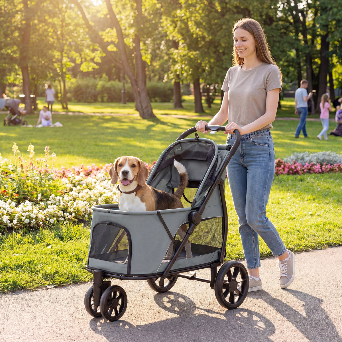 3-Wheel Dog Stroller | Dual Entry | One-Click Fold | Panoramic Mesh Windows | Washable Cushion | 600D Oxford | 20kg | Grey