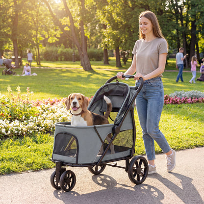 3-Wheel Dog Stroller | Dual Entry | One-Click Fold | Panoramic Mesh Windows | Washable Cushion | 600D Oxford | 20kg | Grey