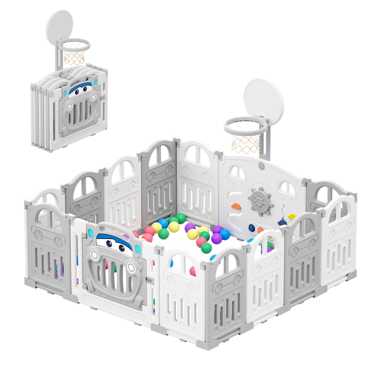 UBRAVOO Foldable Baby Playpen with Basketball Hoop & 50 Piece Coloured Pit Balls, Toddler and Baby Play pen fence, 14-Panel