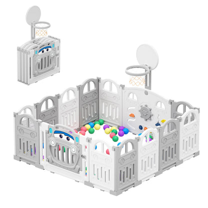 UBRAVOO Foldable Baby Playpen with Basketball Hoop & 50 Piece Coloured Pit Balls, Toddler and Baby Play pen fence, 14-Panel