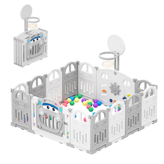 UBRAVOO Foldable Baby Playpen with Basketball Hoop & 50 Piece Coloured Pit Balls, Toddler and Baby Play pen fence, 14-Panel