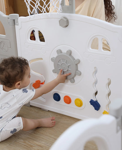 UBRAVOO Foldable Baby Playpen with Basketball Hoop & 50 Piece Coloured Pit Balls, Toddler and Baby Play pen fence, 14-Panel