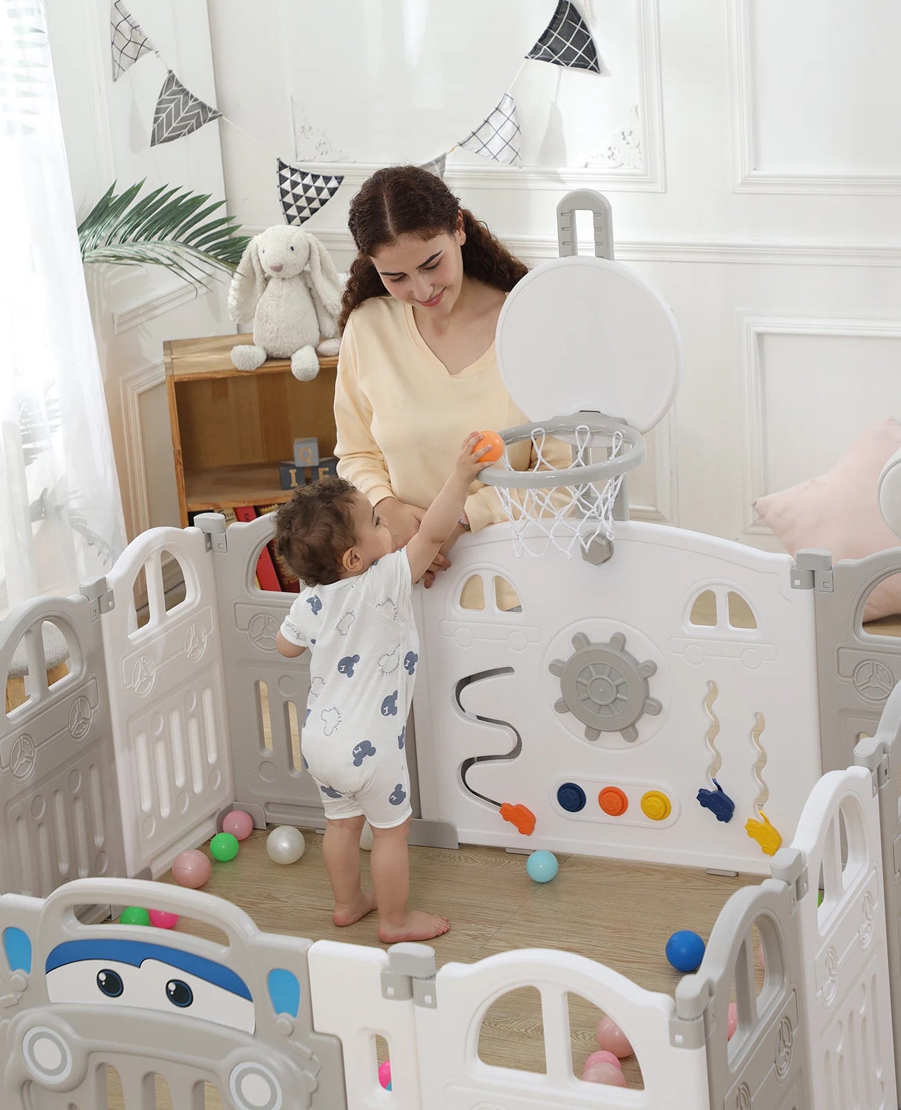 UBRAVOO Foldable Baby Playpen with Basketball Hoop & 50 Piece Coloured Pit Balls, Toddler and Baby Play pen fence, 14-Panel