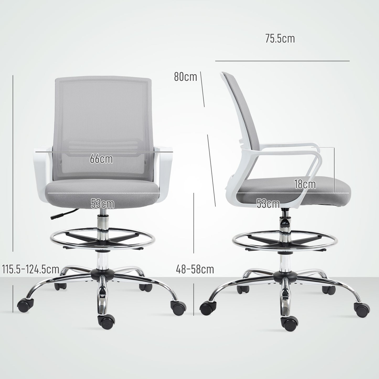 Draughtsman Chair, Mesh Drafting Chair, Ergonomic Office Chair with Lumbar Support, Adjustable Foot Ring, Grey