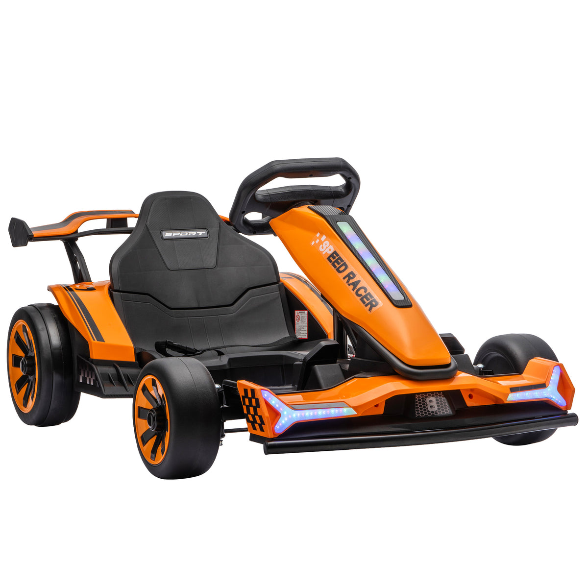 24V Electric Go Kart for Kids | Drift Mode In-Place Spin | 3 Speeds 8–12km/h | Slow Start Forward & Reverse | Adjustable Seat | Multicolour Lights Music Horn USB | 2-Point Belt | 50kg | 131.5x76.5x53.5cm | Ages 6–12 | Orange Blue Pink Black