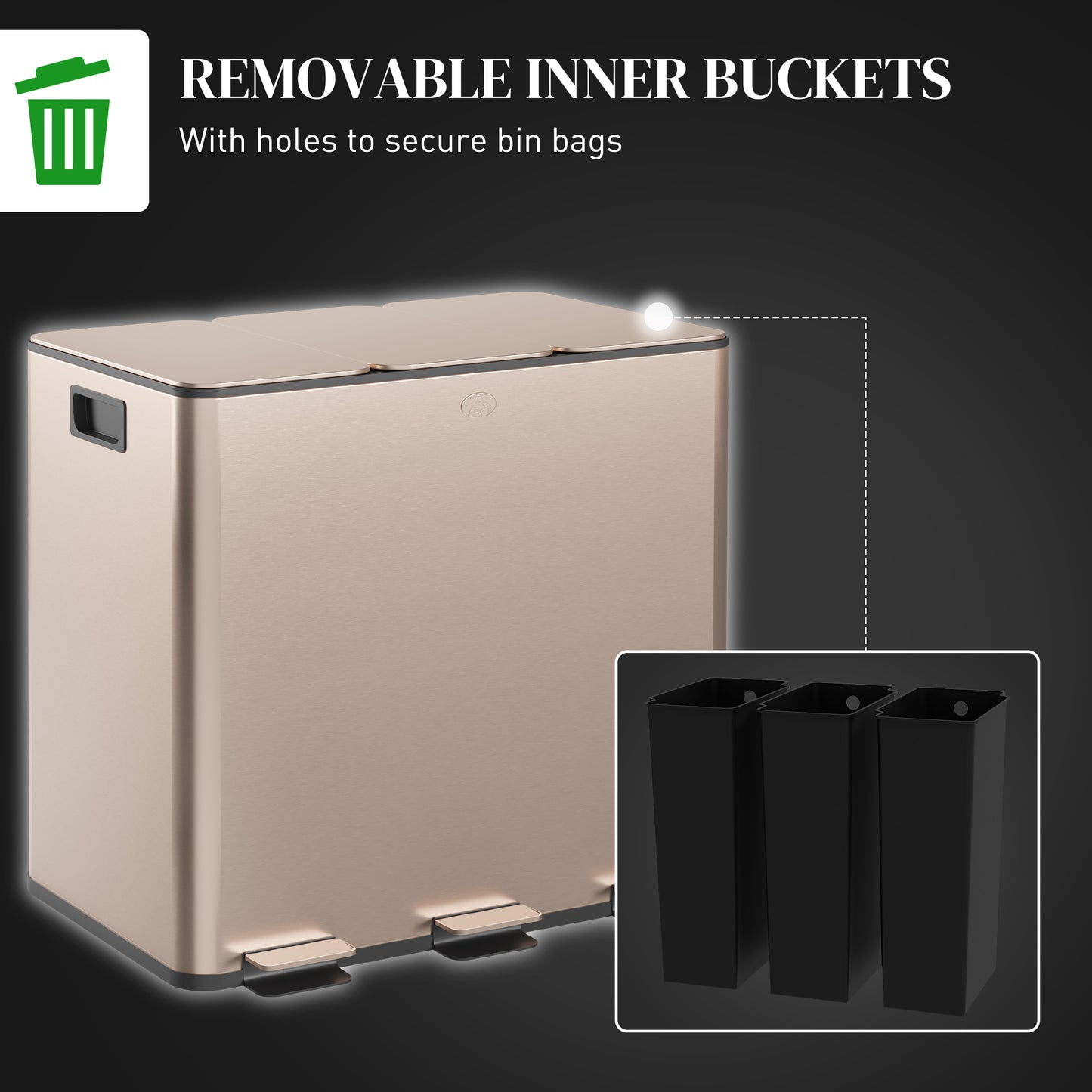 3 x 15L Pedal Bin, Steel Triple Kitchen Bin with Soft Close Lid, Removable Inner Buckets, Fingerprint-Proof, Gold Tone