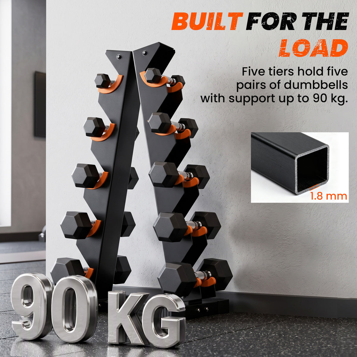 SPORTNOW 5-Tier Dumbbell Rack | A-Frame Stand for 5 Pairs | 90kg Total Capacity, Protective Cradles & PP Feet | Black & Orange