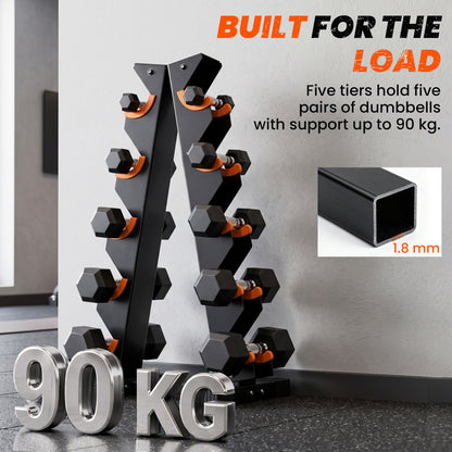 SPORTNOW 5-Tier Dumbbell Rack | A-Frame Stand for 5 Pairs | 90kg Total Capacity, Protective Cradles & PP Feet | Black & Orange