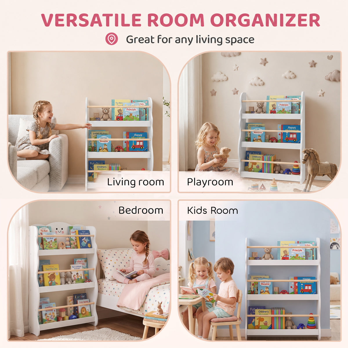 AIYAPLAY White 3-Tier Kids Bookshelf | 60cm Wide Slim Book Display with Pine-Tone Rails | Wall-Fixed Design | Ages 3–8