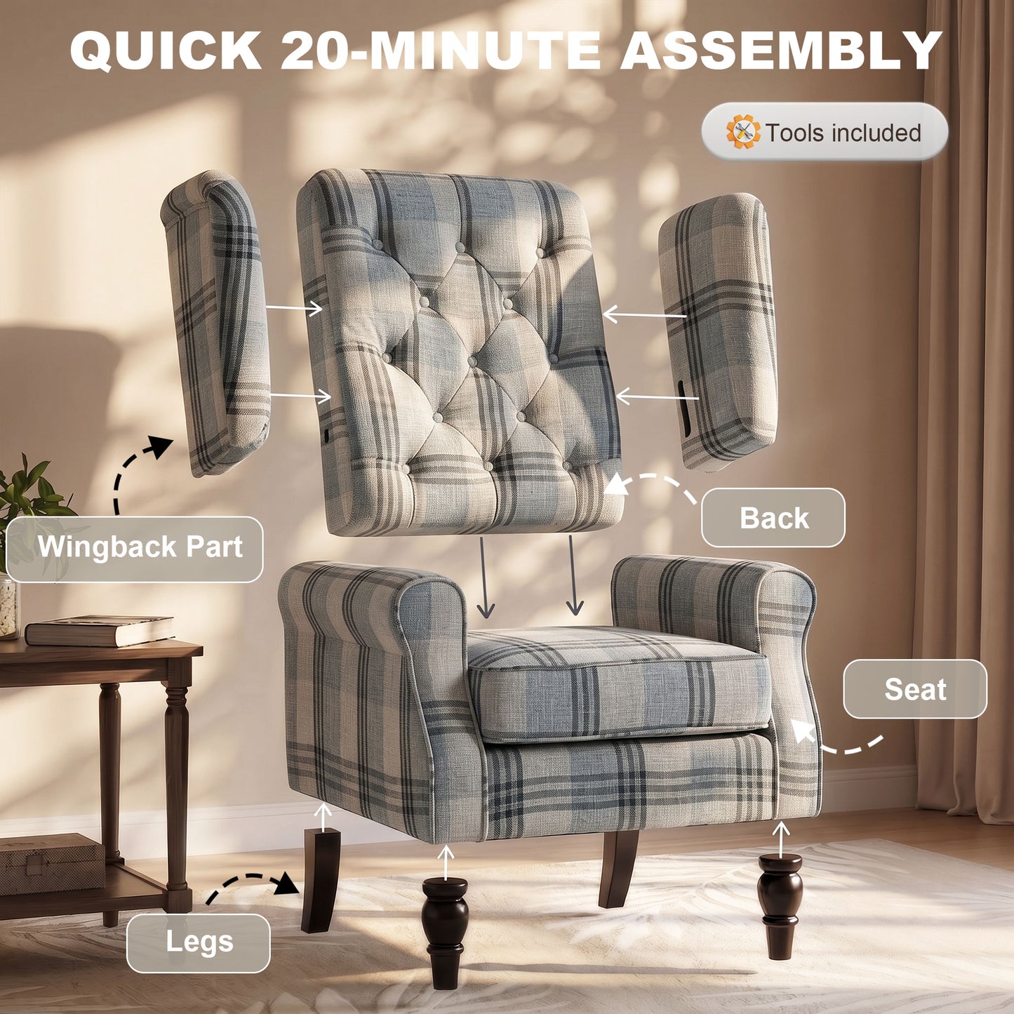 Retro Wingback Armchair | Faux Linen Mixed Plaid | Pocket Spring Cushion | Deep Tufted High Back | Solid Wood Legs