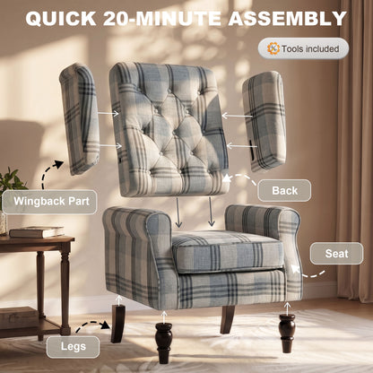 Retro Wingback Armchair | Faux Linen Mixed Plaid | Pocket Spring Cushion | Deep Tufted High Back | Solid Wood Legs
