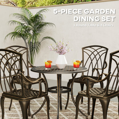 5 Piece Cast Aluminium Garden Dining Set | 4 Armchairs | Round Table Dia 85cm | 50mm Parasol Hole | Adjustable Feet | 160kg | Bronze Tone