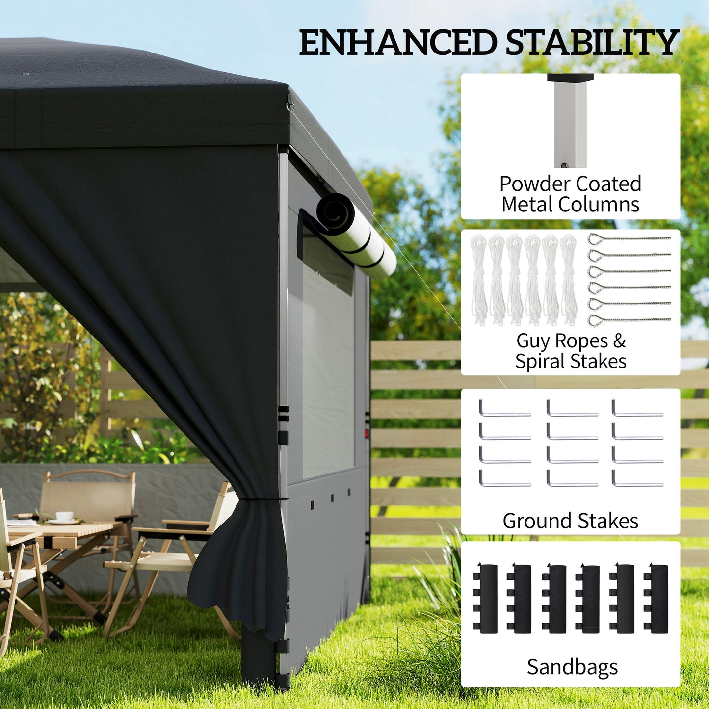 3x6m Pop-Up Canopy Gazebo | 17.5m² Coverage | 210D Silver-Coated UPF50+ Oxford Fabric | 6 Detachable Sidewalls | 3-Level Height Adjustment | 12 Drainage Holes | 18 Stakes & 6 Guy Ropes | Wheeled Carry Bag | Black