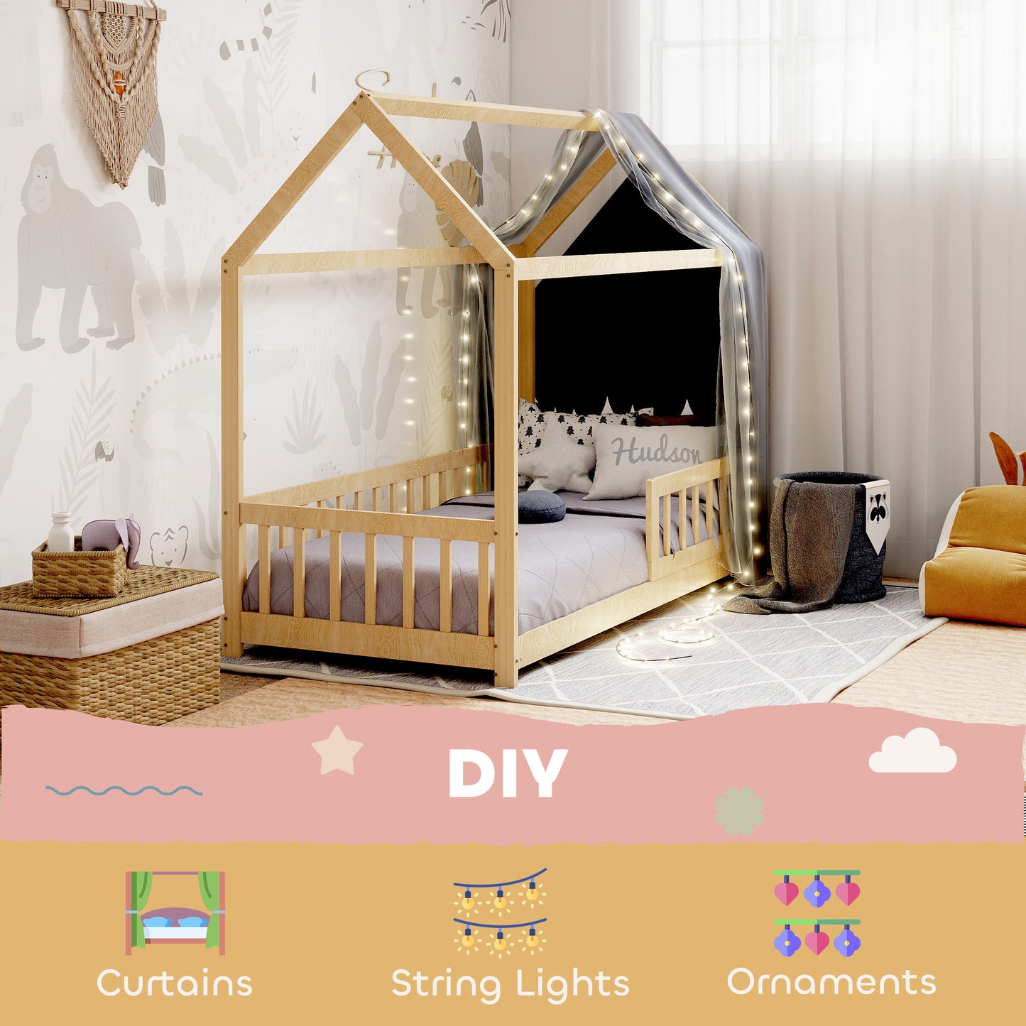 House-Shaped Kids Bed Frame with Guard Rails, Solid Pine Wood Single Bed Frame for Kids Boys and Girls, Natural