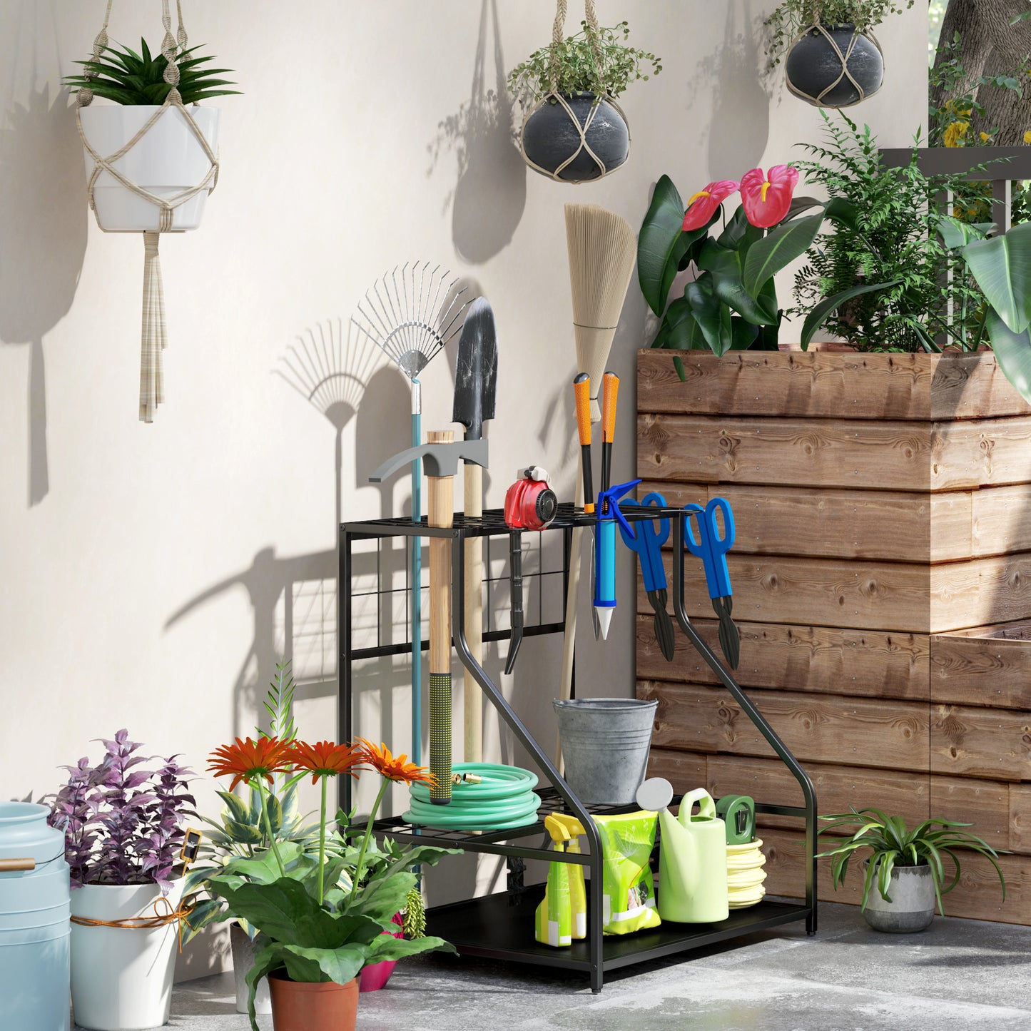 3-Tier Garden Tool Storage Rack | 20+ Tools | 5 G-Hooks & 6 Side Hooks | Adjustable Feet | Corner-Fit | Black